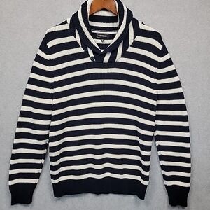 EXPRESS 100% Cotton Shawl Collar Blue White Stripe Long Sleeve Sweater Women's M